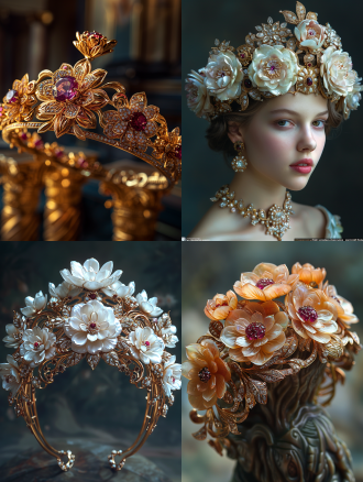 金冠配珍珠母山茶花簇，拜占庭花丝嵌红宝石，辐射金藤延至科林斯柱，圣索菲亚背景，巴洛克明暗光，文艺复兴配色，超精细珠宝风