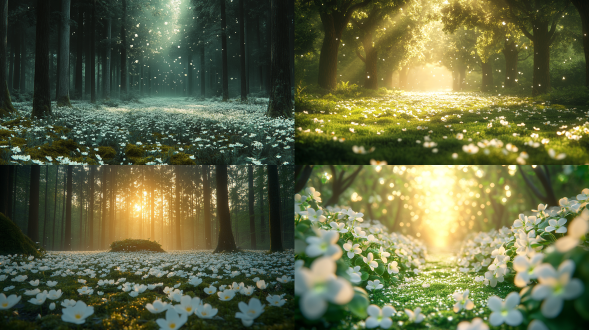 魔法森林地面铺满白绿珍珠花瓣，远景没入金光雾气，拉斐尔前派风格，花粉与苔藓增神秘，电影色调，超细节，长焦，逆光，梦幻。