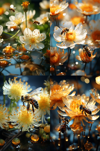 繁盛花田梦幻朦胧，前景绿花盛开，玻璃花心，蜜蜂停歇，对角线构图，暖光，微距镜头，柔焦，田园风，梦幻感。