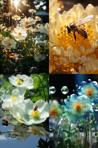 large, dreamy and hazy scene of a flourishing flower field. in the foreground, large green flowers are in full bloom, their petals are soft and delicate, with a slight glistening sheen as if bathed in morning dew. the center of each flower is made of transparent glass, clear and shiny, refracting the light in a beautiful way. a cute bee is perched on the glass center, its small wings gently fluttering, its body covered in fine, golden hairs, with bright, curious eyes. the surrounding environment is filled with a profusion of colorful flowers and gentle, floating flower petals, creating a sense of an idyllic and enchanting floral wonderland.
