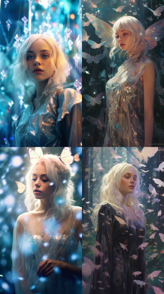 铂金发丝虹彩肌肤角色于水晶森林，着星空渐变长袍，有灵蝶水滴，对角线构图，冷色调，超广角，侧逆光，柔焦，梦幻超现实。