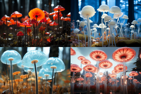 overhead perspective of crystal forest ecosystem::2 quantum-state jellyfish interacting with holographic dandelion spores::3 forming luminous energy grid patterns, camellia petals exhibiting computational fluid dynamics textures::1.5, soft volumetric lighting with uv spectral dispersion::2, low-poly geometric abstraction::2 dual-tone neon-cyan and bioluminescent purple lighting::3, hyperrealistic sci-fi ecological installation::2