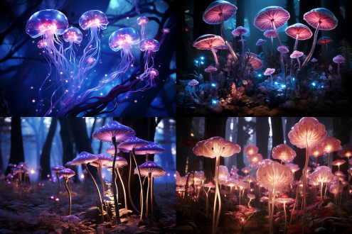 俯瞰水晶森林生态，量子水母与全息蒲公英孢子互动成光能网格，茶花花瓣有流体纹理，低多边形抽象，双色调霓虹紫蓝光照，超现实科幻风