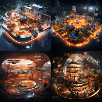 视觉动线，中心放射布局，闪电握手等元素，科技生态风，暖冷色调搭配，鸟瞰视角，侧逆光，动态交互感，创新共赢氛围。