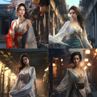 中国古风美女仗剑走古街，侧后视角三分线构图，薄纱外套，五官精致，3d，肤白貌美，柔和软光，优雅神秘，8k大师级画质。