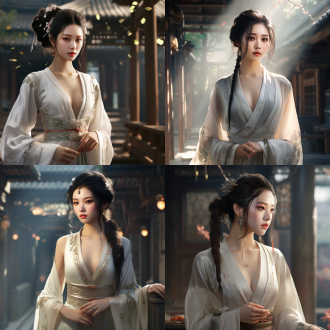 中国古风美女，五官精致立体，着薄纱外套，身材面容姣好，三分线构图，仗剑行走在古代的街道，3d，肤白貌美，柔和，软光，优雅神秘，8k大师级画质。