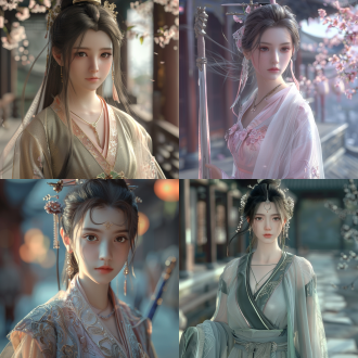 中国古风美女，五官精致，身材修长，着薄纱外套，鼻若悬胆，眼似桃花，眉如粉黛，三分线构图，仗剑行走在古代的街道，3d，肤白貌美，柔和，软光，优雅神秘，8k大师级画质。