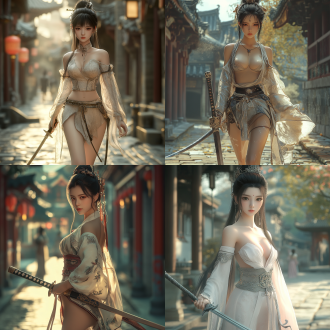 中国古风美女，五官精致，身材修长，着薄纱外套，丝质短裙，三分线构图，仗剑行走在古代的街道，3d，肤白貌美，柔和，软光，优雅神秘，8k大师级画质。