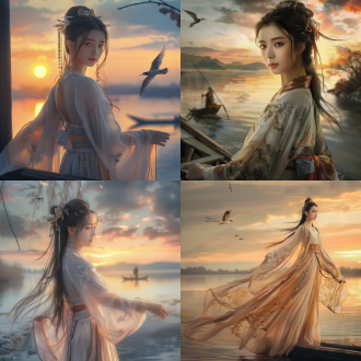 中国古风美女，五官精致，身材修长，着薄纱外套，丝质短裙，背景是晚霞铺满天空，孤独的飞鸟飞翔，河水连接远方天空，渔夫在船上，壮阔的风景，秋天的萧瑟，意境美远景，中国风，8k,，优雅神秘