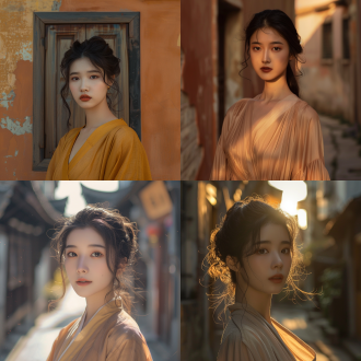 一位中国时尚模特，姣好面容，五官精致，肤白貌美，飘逸的长袍，优雅而高贵，背景是街道，莫兰迪色，负空间构图，温暖而平和的氛围，光影，由chanel拍摄，时尚摄影，8k，最佳质量，超细节