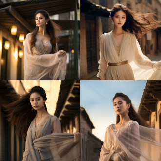 一位中国古风美女，长发飘逸，小麦色肌肤，五官精致立体，优雅而高贵，背景是古代的街道，身材修长，着薄纱外套，丝质短裙，温暖而平和的氛围，光影，由chanel拍摄，时尚摄影，8k，最佳质量，超细节