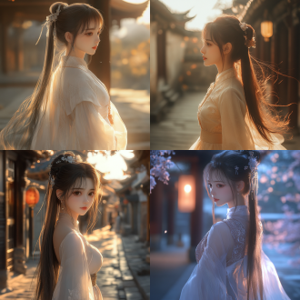 一位中国古风美女，长发束起马尾飘飘，小麦色肌肤，五官精致立体，优雅而高贵，背景是古代的街道，身材修长，着薄纱外套，丝质短裙，温暖而平和的氛围，光影，由chanel拍摄，时尚摄影，8k，最佳质量，超细节