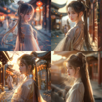 一位中国古风美女，长发束起马尾飘飘，小麦色肌肤，五官精致立体，优雅而高贵，背景是古代的街道，身材修长，着薄纱外套，丝质短裙，优雅神秘，温暖而平和的氛围，光影，8k，最佳质量，超细节