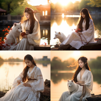一个16岁的古代的中国女孩，长头发，美丽至极，在落日余晖的湖边静坐，穿着白色的汉服裙子，背景是中国风的建筑，女孩身边有一只小白狐，宁静悲伤的氛围，中国风，高质量，电影光效