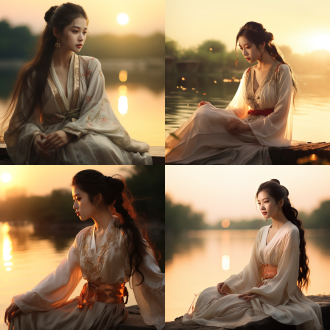 一位中国古风美女，长发束起马尾飘飘，小麦色肌肤，五官精致立体，优雅而高贵，，在落日余晖的湖边静坐，身材修长，着薄纱外套，丝质短裙，优雅神秘，温暖而平和的氛围，光影，8k，最佳质量，超细节，女孩身边有一只小白狐，宁静温暖的氛围，中国风，高质量，电影光效