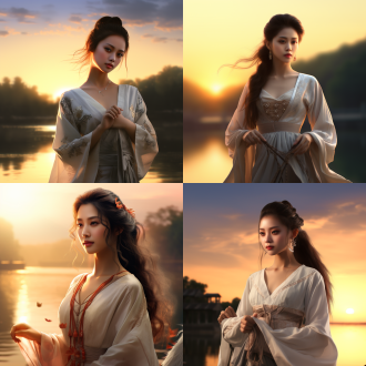 一位中国古风美女，长发马尾飘飘，小麦色肌肤，五官精致立体，优雅而高贵，在落日余晖的湖边站立，身材修长，着薄纱外套，丝质短裙，优雅神秘，女孩身边有一只小白狐，温暖而平和的氛围，光影，8k，最佳质量，超细节，中国风，高质量，电影光效