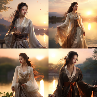 一位中国古风美女，长发马尾飘飘，美腿修长，小麦色肌肤，五官精致立体，优雅而高贵，在落日余晖的湖边仗剑伫立，着薄纱外套，丝质短裙，优雅神秘，美女身边有一只可爱的小白狐，温暖而平和的氛围，光影，8k，最佳质量，超细节，中国风，高质量，电影光效