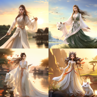 一位中国古风美女，长发飘飘，美腿修长，小麦色肌肤，五官精致立体，优雅而高贵，在落日余晖的湖边手执长剑，着薄纱外套，丝质短裙，优雅神秘，美女脚下有一只可爱的小白狐温顺地依偎，温暖而平和的氛围，光影，8k，最佳质量，超细节，中国风，高质量，电影光效