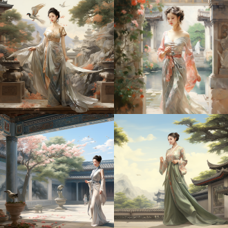 古装女神在庭院里闲庭漫步， 唐代美学 站在壁画前 含情脉脉 正面肖像 古典建筑 山水 牡丹 新工笔 真实 有层次 简约构图 低饱和 超高清画质 工笔画 中国凤凰 远景拍摄 白金 粉白 白 粉彩色 象牙白 常玉风格