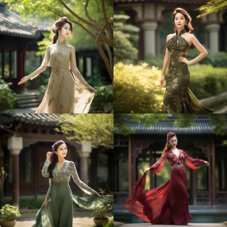 东方美女全身照，身材修长，旗袍展现曲线，张开双臂，面带微笑，古典园林背景，细腻肌肤，长发飘逸，优雅姿态。全身镜头，自然光，柔和色调，细节丰富，动感十足，温馨氛围。8k，最佳质量，超细节，中国风，高质量，电影光效