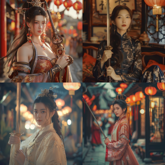 中国古风女明星，大长腿，御姐风，手持宝剑，精致妆容，唐代风格，古代的街市，优雅布局，柔和灯光，长焦镜头，浅景深，侧光，自信微笑，奢华装饰，暖色调，魅力四射。8k，最佳质量，超细节，中国风，高质量，电影光效