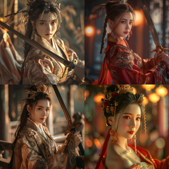 古风女侠，大长腿，精致妆容，唐代风格，优雅布局，柔和灯光，长焦镜头，浅景深，侧光，自信微笑，奢华装饰，暖色调，魅力四射。8k，最佳质量，超细节，高质量，电影光效