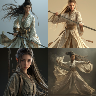 古代女侠，着薄纱外套，长发飘飘，大长腿，小麦色肌肤，精致妆容，英气逼人，美貌，侠义，国风。8k，最佳质量，超细节，高质量，电影光效