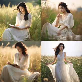 亚洲美女户外农田，白色长裙，完美身材，曲线玲珑，自然光线，柔和色调，远景镜头，宁静表情，花园背景，优雅姿态，专注阅读，清新自然。