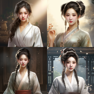 中国古代才女，气质才女写实风格，全景构图，全身像，精致古典美人脸型，柳叶眉杏眼，高鼻梁，唇色淡雅，面部立体，坚毅决绝的眼神，凌乱发丝拂面，妩媚迷人的微表情捕捉，发型高束马尾动态飘扬，乌黑发丝间缠绕暗红发带，丝质汉服，若隐若现工艺特写，五官精致清晰可见，微露香肩，娇艳欲滴飘带靛青色半透明纱质飘带，呈流体动态，动态捕捉，动态生动富有张力，背景华丽，超高清16k动态运动模糊，胶片颗粒质感，暗黑武侠色调，景深层次分明，