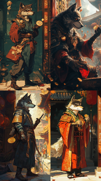 狼形土匪霸占禅院抢劫民众，一手持珠宝一手持刀，铜钱花纹，侧视图，中国风风格化立绘，暖光，阴险，细节丰富。