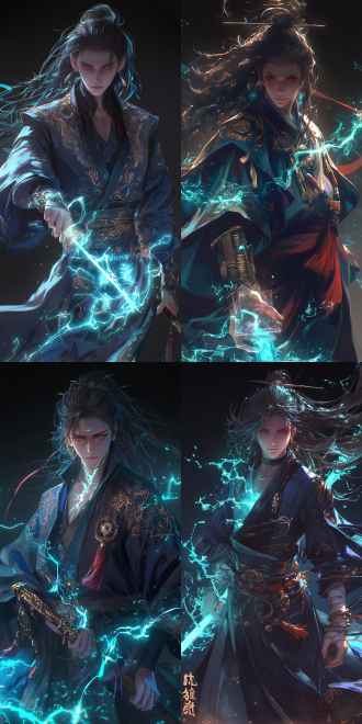 年轻道士，男性，眼下痣，表情严肃。青灰色道袍，长发，衣服左襟有刺绣，金色咒语。左手拿长剑，剑身有雷纹，泛起幽蓝电光，红色剑穗垂在腰间。右手，食指和无名指之间，夹着燃烧过半符纸，火光照亮袖口，袖口有银线刺绣，刺绣为星宿图。脖子上，挂着青铜色罗盘。左胳膊上，缠绕着锁链，锁链上有符文妖骨配饰，脚下，青绿色液体，汇聚，九宫八卦图。沧元图动漫风格，超级细节，高品质，复杂细节，高分辨率，4k，maya，arnold渲染，广角镜头，景深，