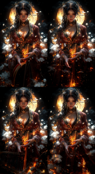 一个女子，美女，长发，仙气飘飘，神女，白色花朵，桃花树下，手上拿着竖琴，优雅地站着，黑发，粉色汉服 ，古装，金色的花纹，闪闪发光，金光闪闪，精致的手，夜晚，上弦月下，古色古香的阁楼，水彩渲染长安城，古代，大场景云海，广阔的视野，高角度试图，柔和的月光，闪烁的星云，电影照明，8k