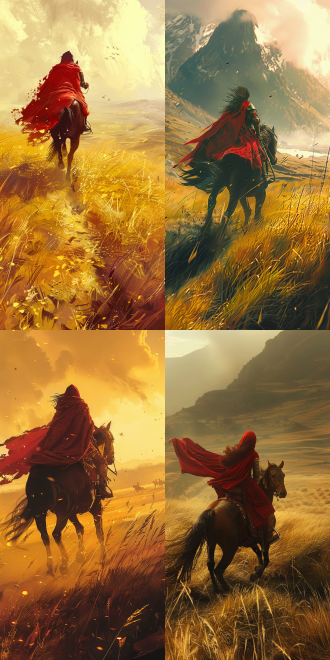 红衣女侠策马草原，远景构图，群山连绵，暖黄主调，长焦镜头，逆光，奔腾，飞扬，飒爽，大气。