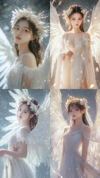 beautiful asian innocent girl, with a gentle smile, tall stature, delicate features, an egg-shaped face, bright and clear eyes that seem full of wisdom, with bright eyes and white teeth, skin as smooth as cream, graceful figure, with six enormous white angel wings symmetrically spread on her back, wearing a bright and beautiful flower crown on her head, dressed in a moonwhite long dress, barefoot, with light golden translucent tassels gently fluttering on her shoulders to the left and right, ethereal, light, enveloped in snow-white light beams, with a brilliant starry sky background, dreamy, beautiful, panoramic, real-life, cinematic quality.,,in clothes