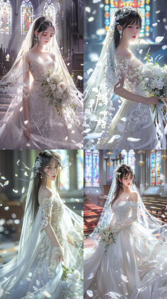 1 girl, chinese, 15yo, youthful features, soft face, almond-shaped eyes, black long straight hair, white wedding dress, intricate lace details, flowing veil, long train, off-shoulder design, pearl accessories, bridal bouquet of white roses, full-body view, standing pose, elegant posture, cathedral background, stained glass windows, flower petals floating in the air, soft ambient light, golden hour glow, cinematic lighting, ultra-detailed fabric textures, realistic skin shading, delicate makeup with pink lip gloss, crystal bridal shoes, diamond earrings, flowing satin ribbons, translucent tulle layers, marble floor reflections, atmospheric perspective, bokeh effect, photorealistic style, 8k resolution.