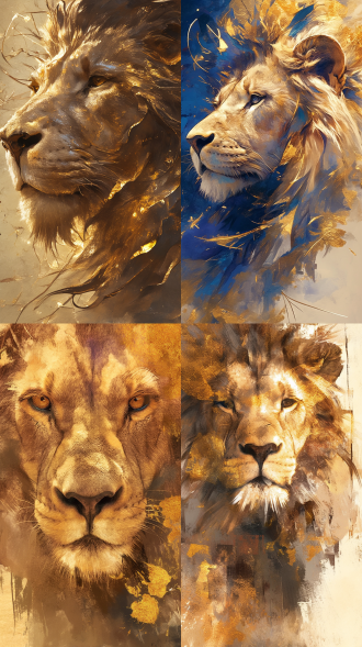 手绘古风醒狮头局部特写，大面积淡彩晕染，金箔粉岩彩背景，流体笔触，高饱和度，镜头模糊有颗粒感，艺术高级。