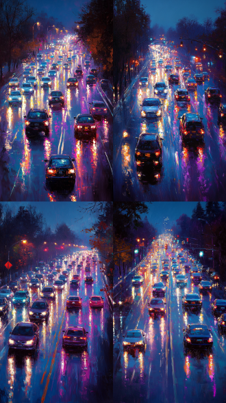 城市夜景，车水马龙 impressionist landscape with abstract color blending, loose brushstrokes, vibrant autumn foliage, dappled sunlight through trees, textured oil paint surface, harmonious warm-cool contrast, poetic atmospheric perspective, inspired by christine lashley and claude monet