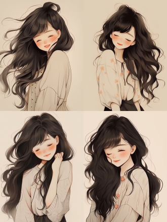 可爱波浪发小女孩，甜美笑容，扁平插画风，简单背景，居中构图，高饱和度色彩，柔和顶光，静态，纯真。