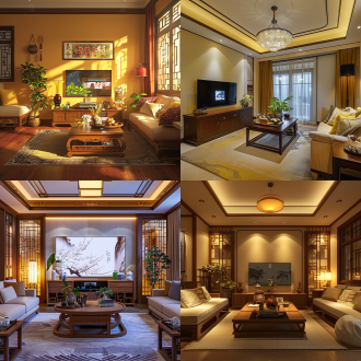 中式客厅室内，对称布局，暖黄调，夜晚暖光，电视播节目，转角沙发配茶几盆景，长焦，温馨，大师风。 充满阳光