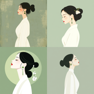 女孩扁平插画，中国古典风，牛油果绿背景极简风，白长裙红唇绿耳环，侧脸迷人，柔和光色调，娴静，平涂，低饱和度。