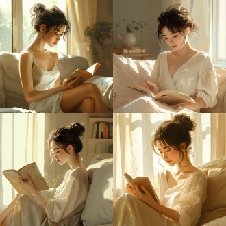 动漫，cg风格，写实治愈系风格，风格清新的插画，仿真人，3d立体，五官立体，细腻的笔触，柔和的光线与朦胧感，一个女人，慵懒盘发， 坐在沙发看书，广角，治愈，暖米色，全方位，侧面，治愈色系搭配，人物与背景完美贴合