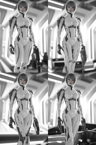 女性，短发，长刘海，绝美，，科幻机甲风，白色调，白色科幻战甲，半透明皮肤，身材修长，简单科幻背景，软光，冷色调，中景全身，正视视角，科技光，三分线构图，塞博彭克风，大师级画质，壁纸级画面，8k，细节细腻，超现实主义