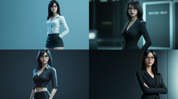 中国时尚女生，成熟，戴眼镜，黑色披肩长发，干练的职业装，短裙，黑色高跟鞋，cg写实风格，超高画质，8k分辨率