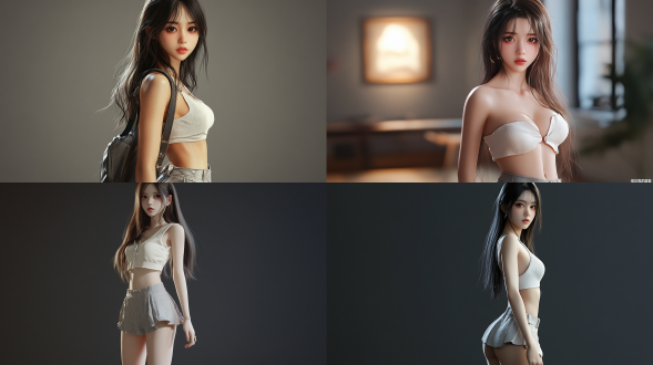 女孩，时尚，短裙，长发，亚洲面孔，3d写实风格，8k画质，细节丰富。
