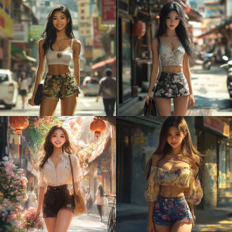 女性，亚洲，长发，短裙，街拍，身材修长匀称，微笑如花，细节丰富，8k分辨率