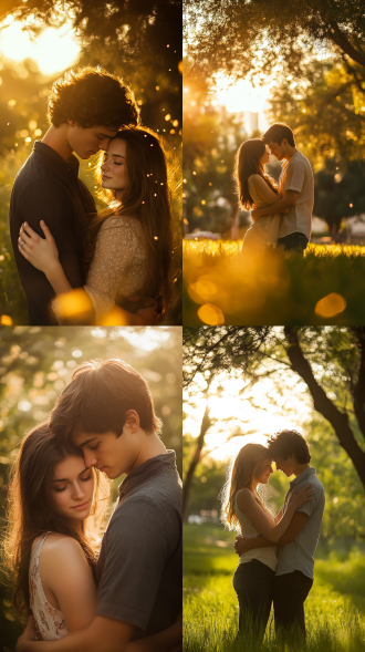 青年情侣温情相拥，三分构图，公园草地，暖黄色调，50mm镜头，逆光，慢快门，依偎，甜蜜。