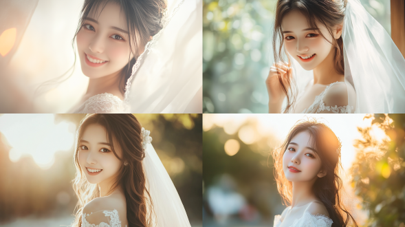中国女孩穿白色长婚纱拍正面婚纱照，长发披肩幸福微笑，居中构图，特写镜头，暖光，高分辨率，白色调，甜蜜。