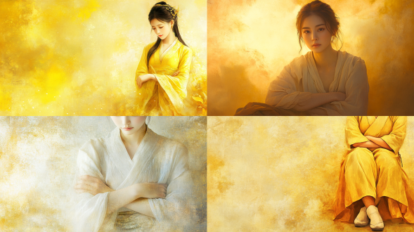 宋代美女着布鞋，十指交叉双臂下垂，三分构图，工笔画风，长焦镜头，侧逆光，暖黄调，细腻线条，典雅温婉。