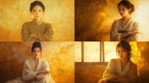宋代美女着布鞋，十指交叉双臂下垂，三分构图，工笔画风，长焦镜头，侧逆光，暖黄调，细腻线条，典雅温婉。