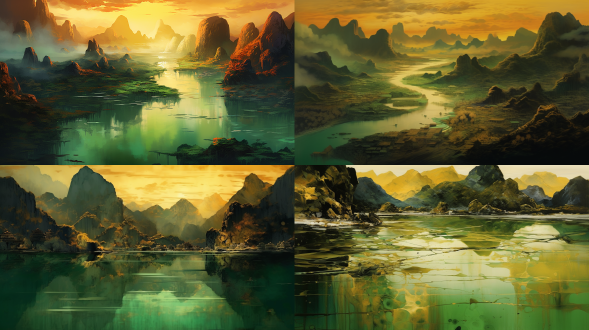 金绿山水画，山峰河流，中国画风格，s形构图，细腻线条，暖金翠绿，8k分辨率，侧逆光，平静悠远。